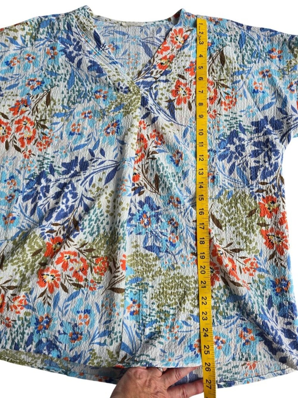 Oddi Women V-Neck Short Sleeve Floral Top Blue Multicolor Lightweight Textured L - Picture 5 of 5